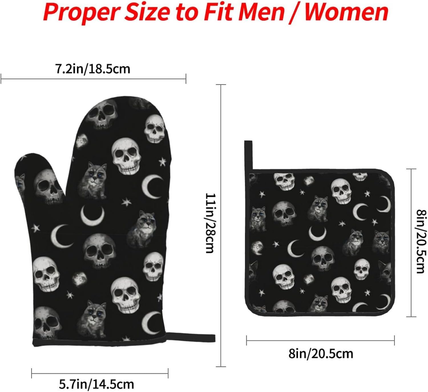Black Cat Gothic Skull Oven Mitts Set of 4 Heat-Resistant Kitchen Pads
