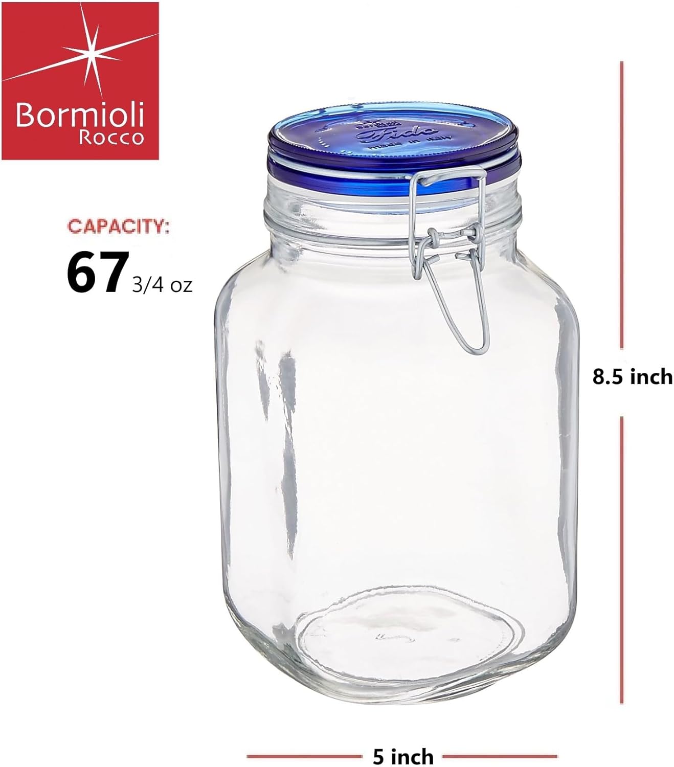 Bormioli Rocco Fido Square Jar with Blue Lid 675-Ounce Clear