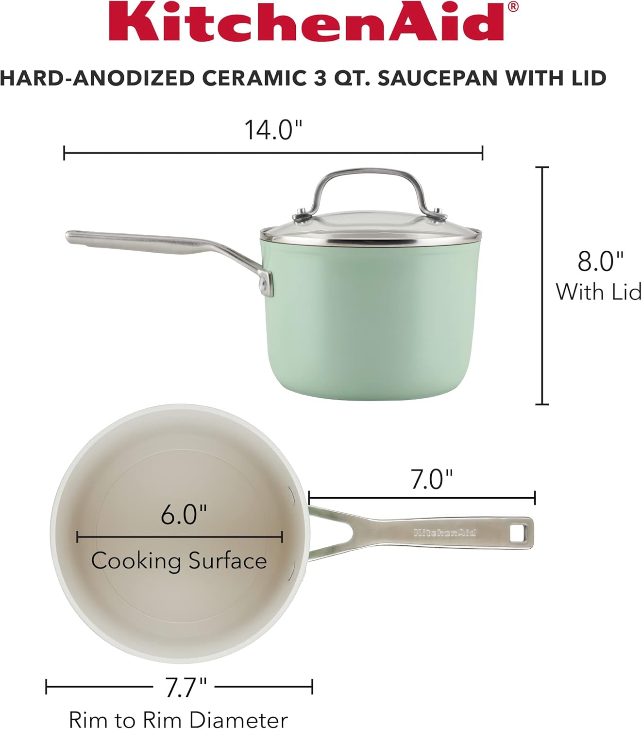 KitchenAid Hard Anodized Ceramic Nonstick Cookware Sauce Pan with Lid 3 Quart Pistachio