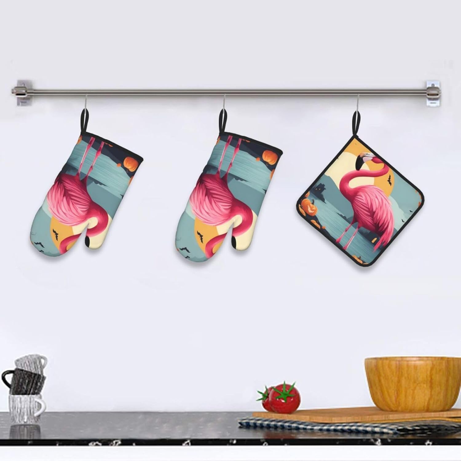 Fairchild Halloween Oven Mitts Pot Holder Set Cartoon Flamingo Durable Waterproof