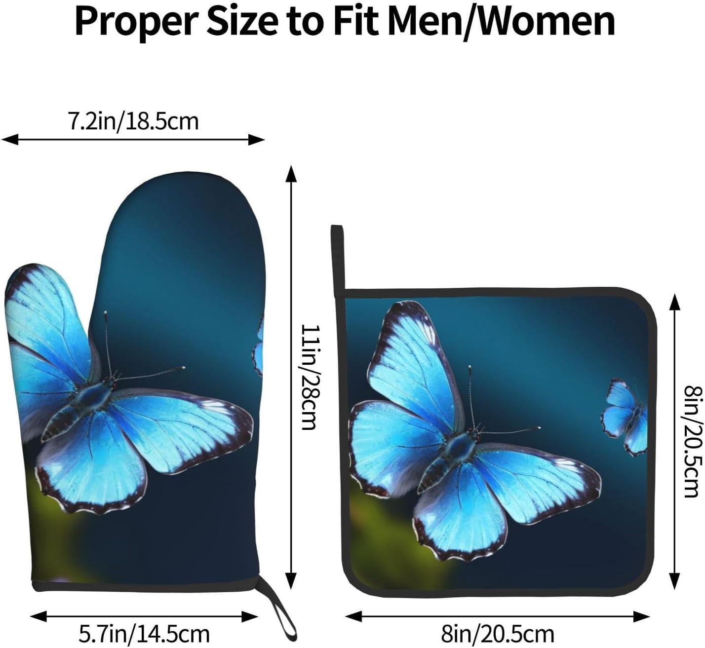 Beautiful Blue Butterfly Printed 2-Piece Set of Oven Mitt and Pot Holder