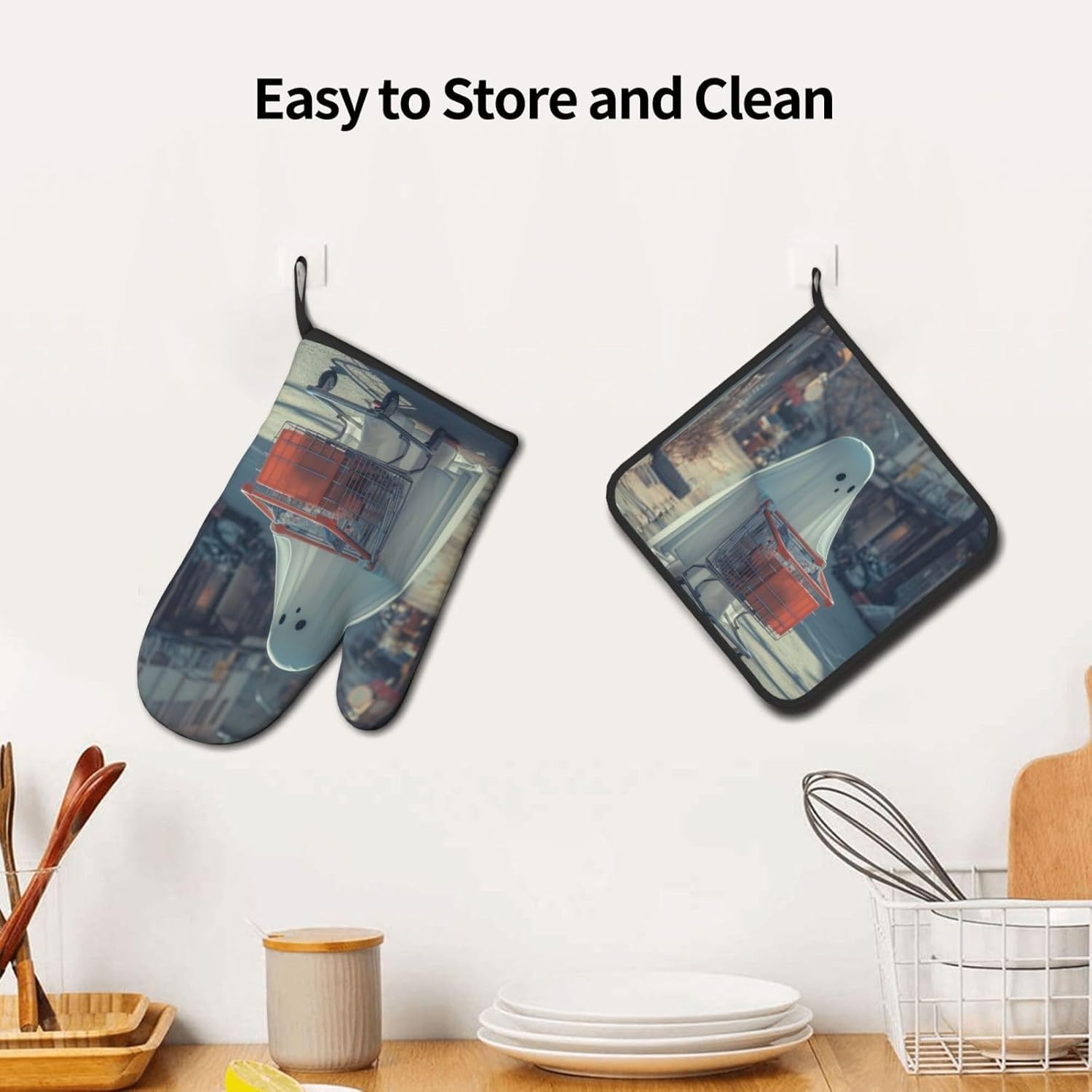 Funny Halloween Ghost Oven Mitts Heat-Resistant Pot Holder Decor