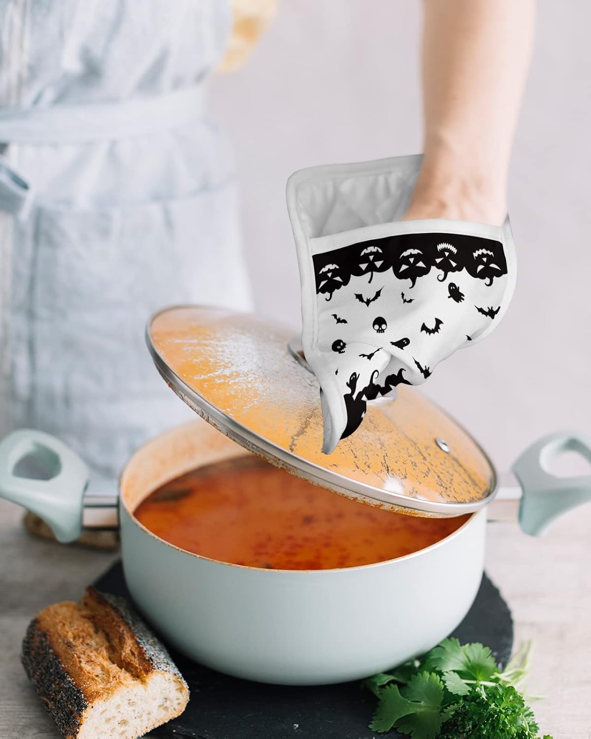 Halloween pumpkin bat pot holders set for home cooking