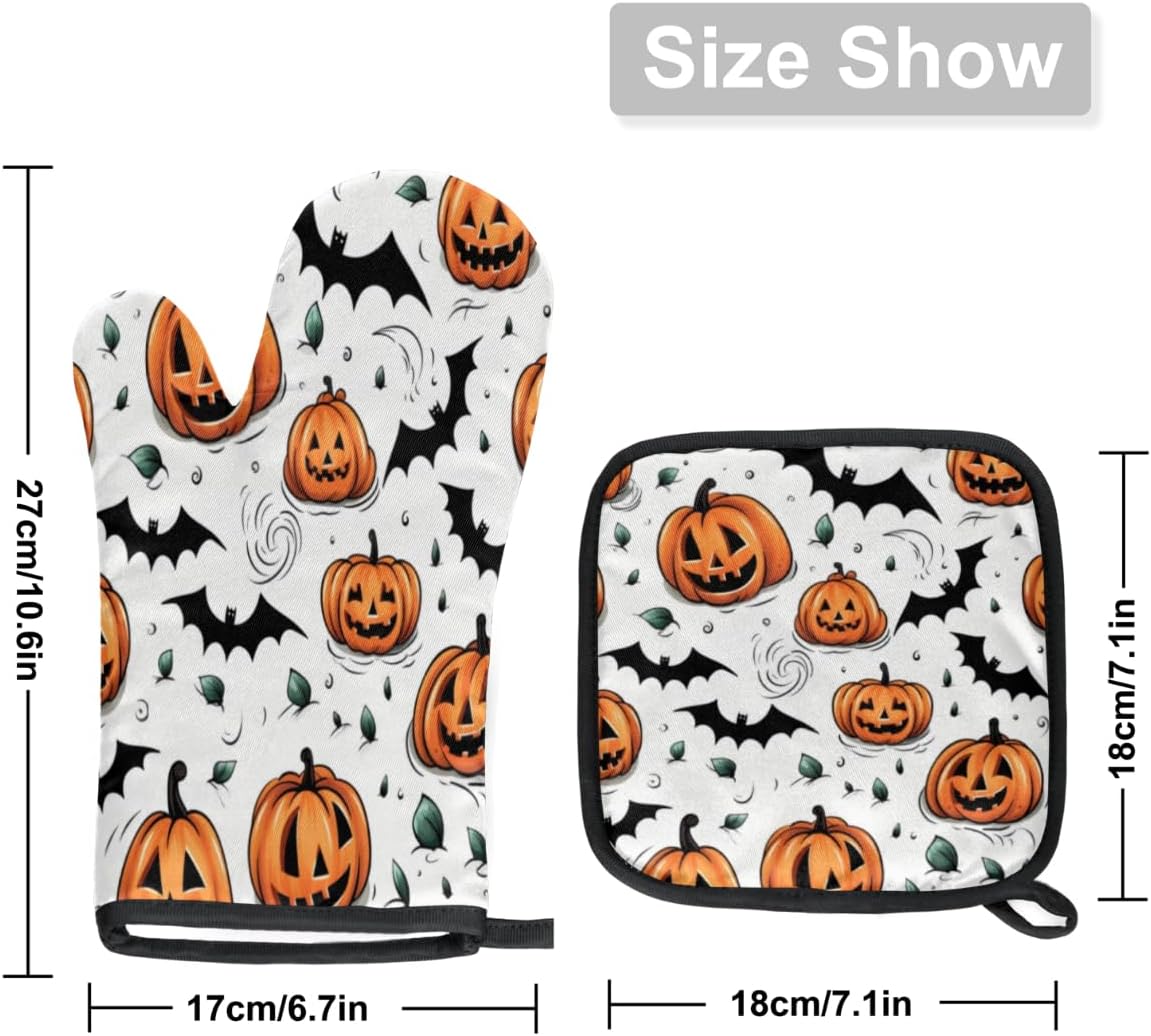 Pumpkin Halloween Bats Oven Mitts Pot Holders Set