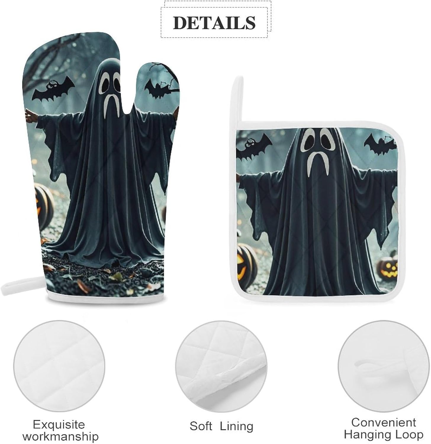 Black and Halloween Ghost Oven Gloves 3-Piece Set