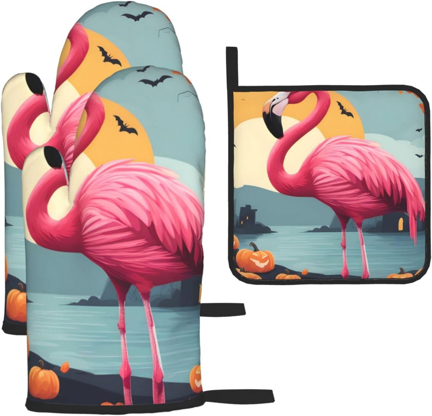 Fairchild Halloween Oven Mitts Pot Holder Set Cartoon Flamingo Durable Waterproof