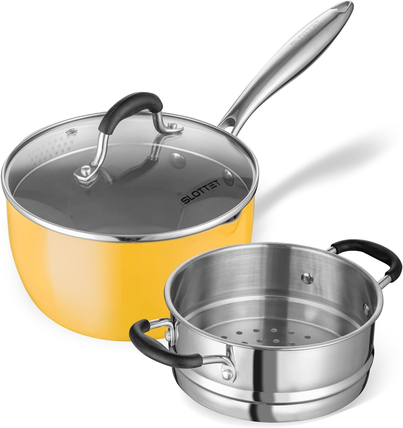 SLOTTETCeramic Tri-Ply Nonstick Saucepan 25 Quart Multipurpose Pot with Steamer Glass Lid