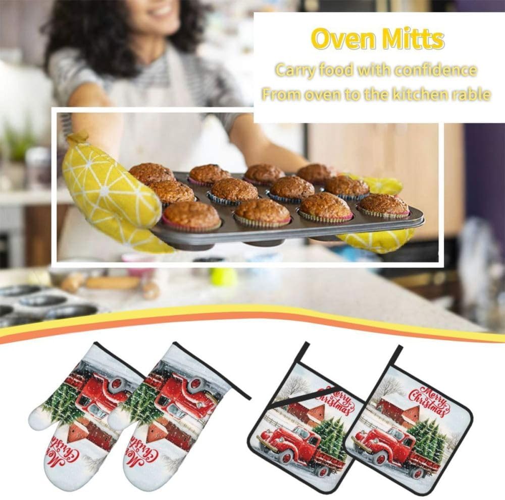Merry Christmas 4-Piece Pot Holder Oven Mitt Set