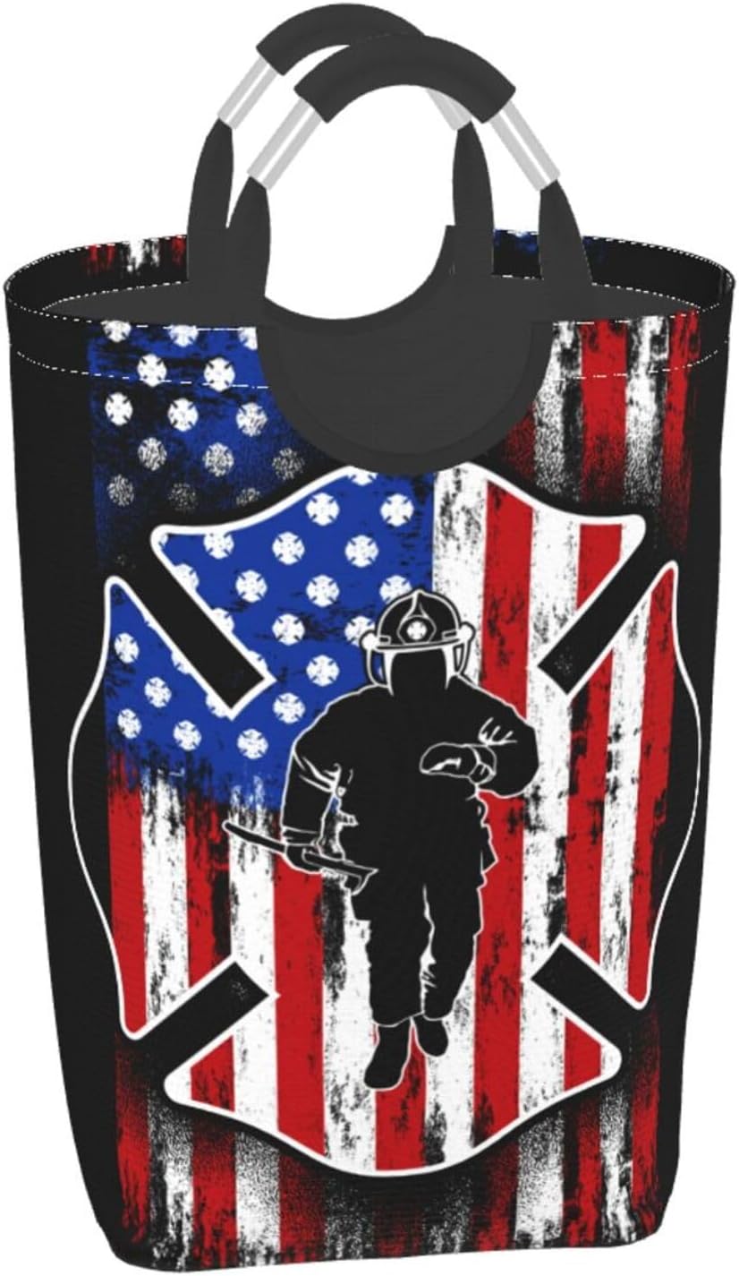 Collapsible Laundry Basket with Firefighter American Flag Pattern