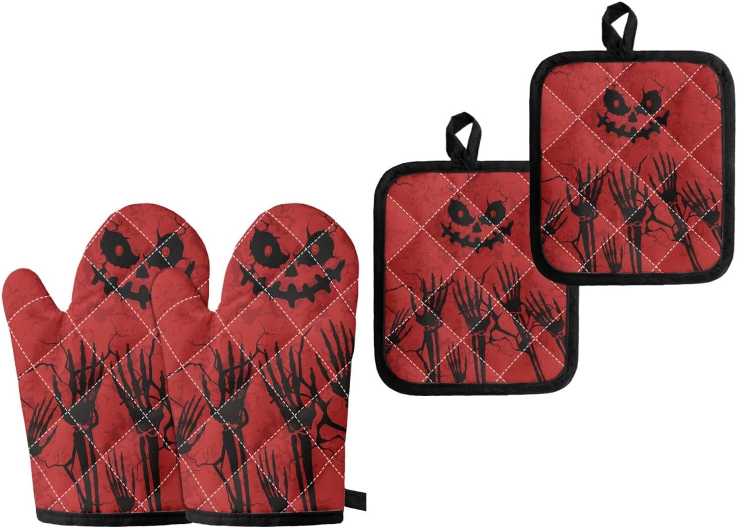 Halloween Skull Oven Mitts Pot Holders Set Red