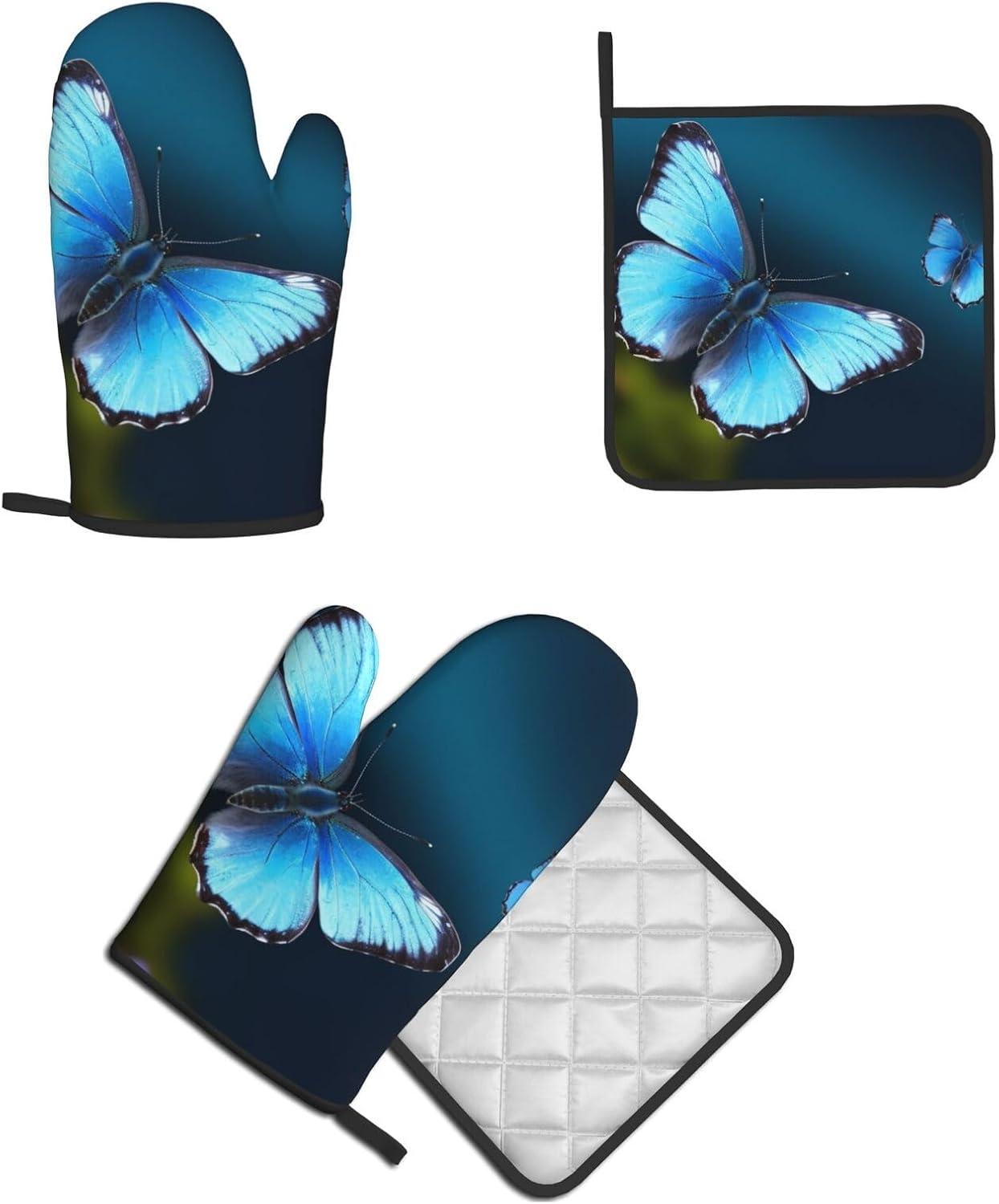 Beautiful Blue Butterfly Printed 2-Piece Set of Oven Mitt and Pot Holder