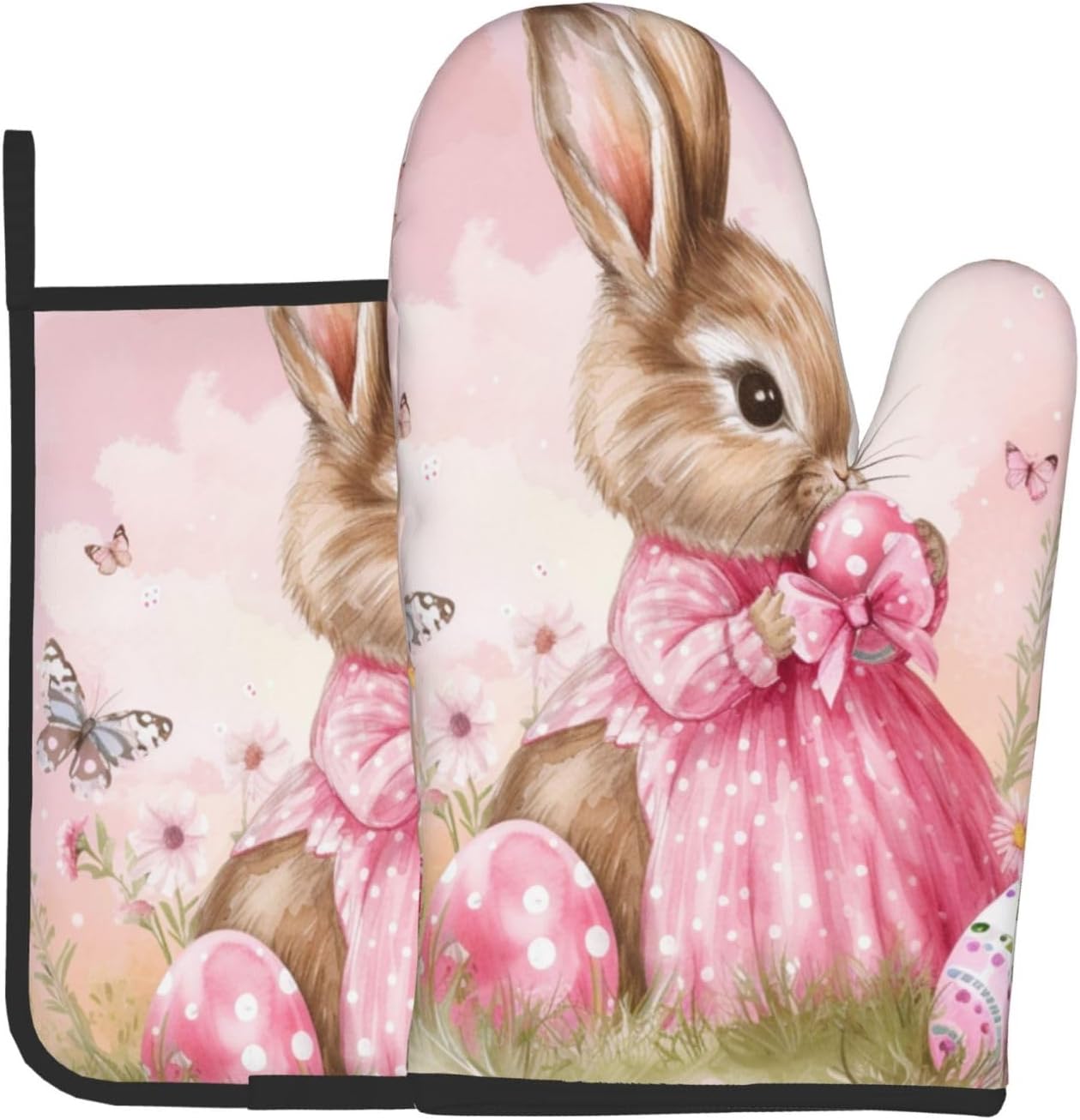 Easter Bunny with Butterflies Pot Holder and Oven Mitt Set