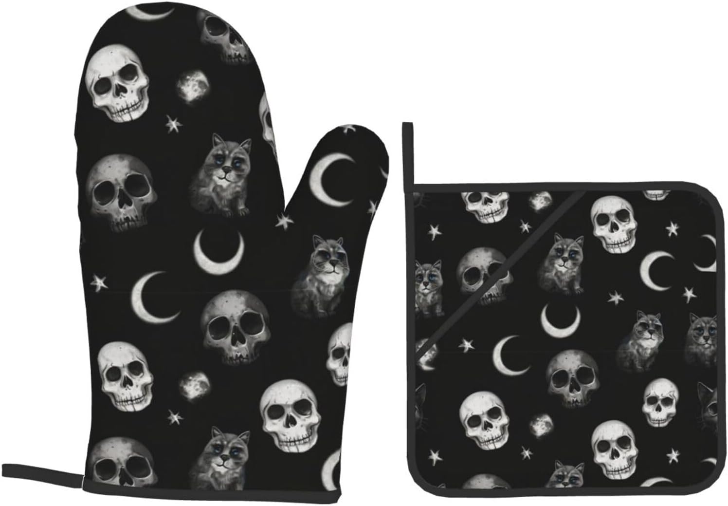 Black Cat Gothic Skull Oven Mitts Set of 4 Heat-Resistant Kitchen Pads