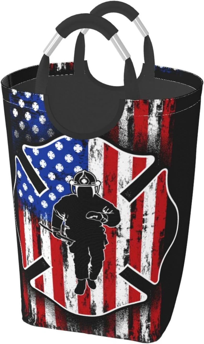Collapsible Laundry Basket with Firefighter American Flag Pattern