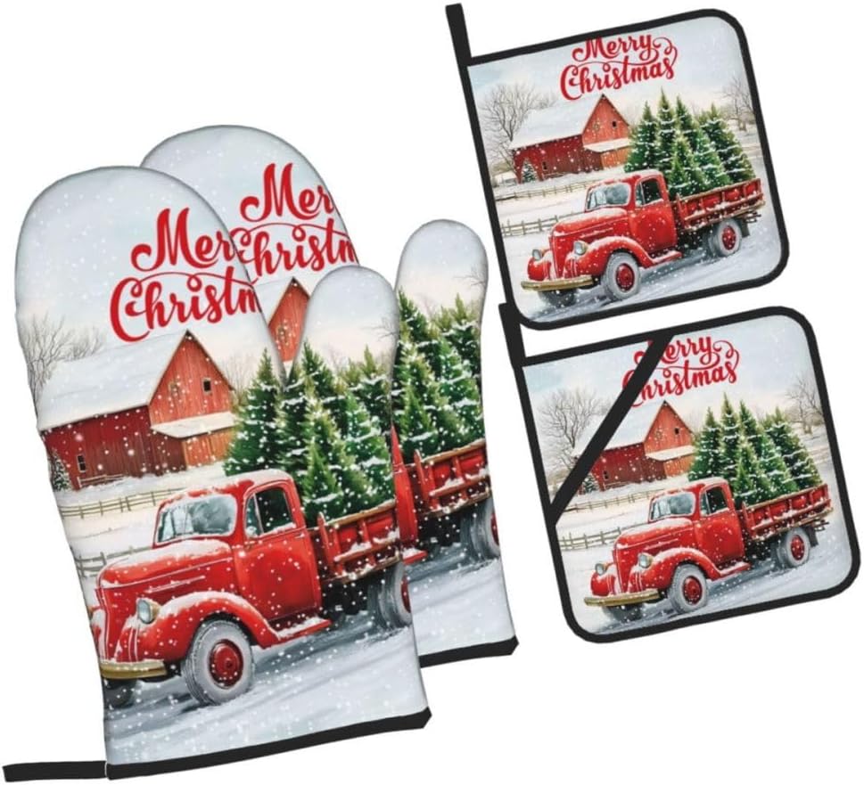Merry Christmas 4-Piece Pot Holder Oven Mitt Set