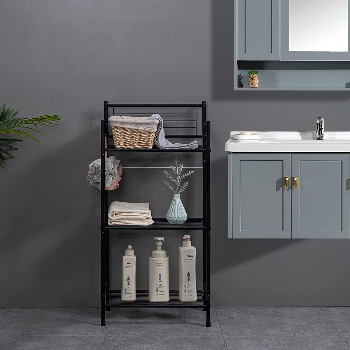 LH UNICO 3-Tier Wire Shelf Unit with 4 Hooks Black