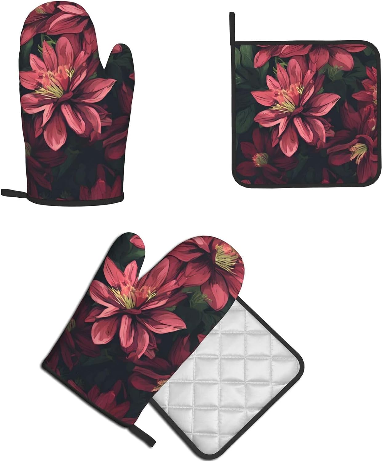 Triangle Flower-Printed Oven Mitts and Pot Holders 2pc Set