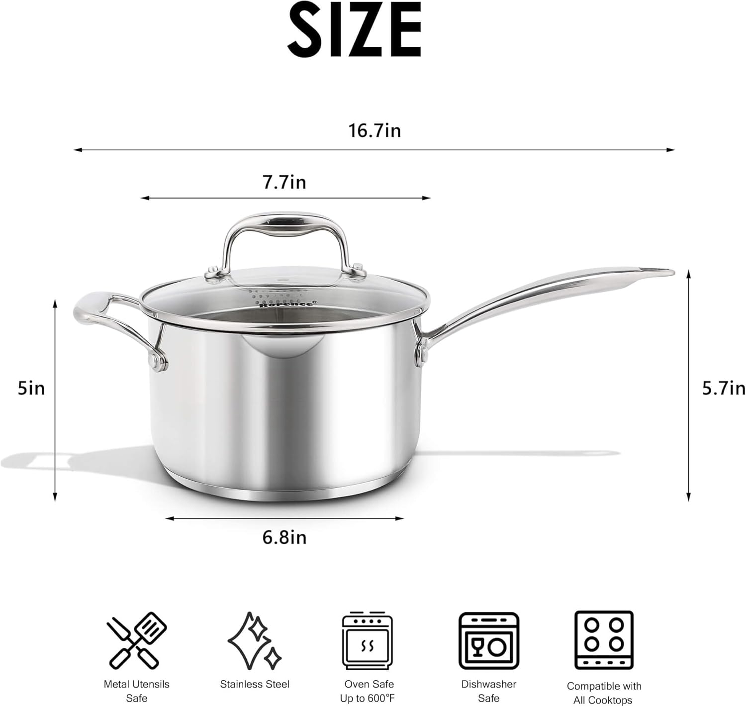 Rorence Stainless Steel Saucepan with Pour Spout Glass Lid