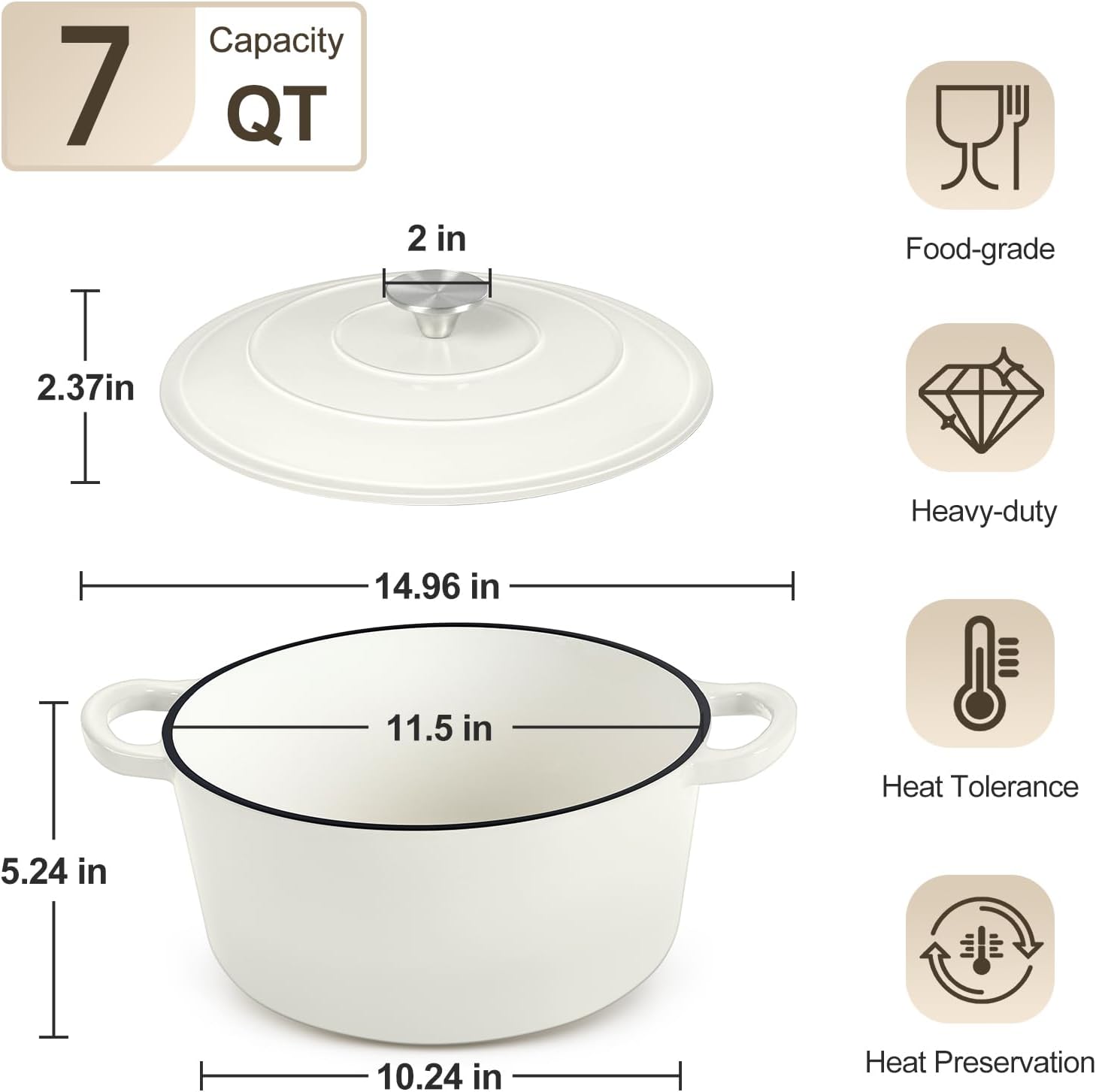 PP CHEF Kapex Dutch Oven Pot with Lid White Enameled 7QT