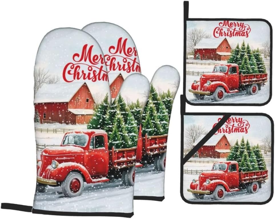 Merry Christmas 4-Piece Pot Holder Oven Mitt Set