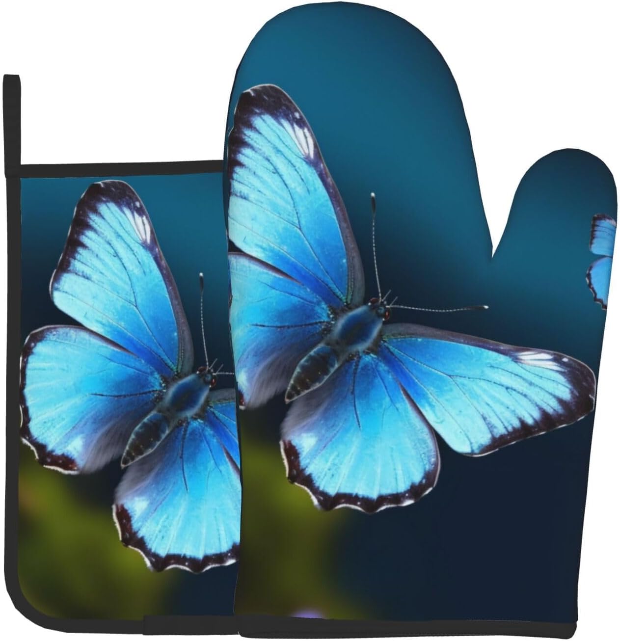Beautiful Blue Butterfly Printed 2-Piece Set of Oven Mitt and Pot Holder