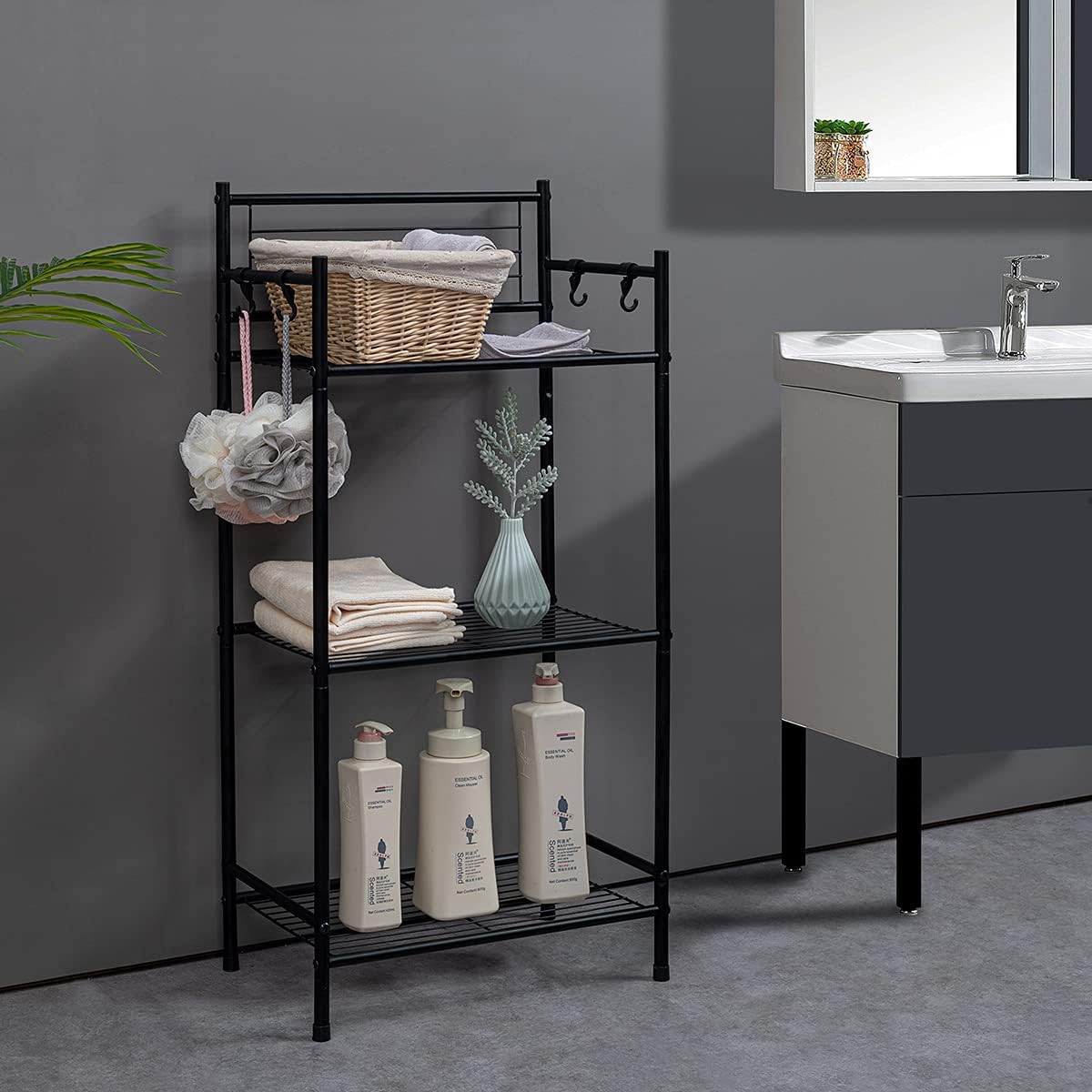 LH UNICO 3-Tier Wire Shelf Unit with 4 Hooks Black