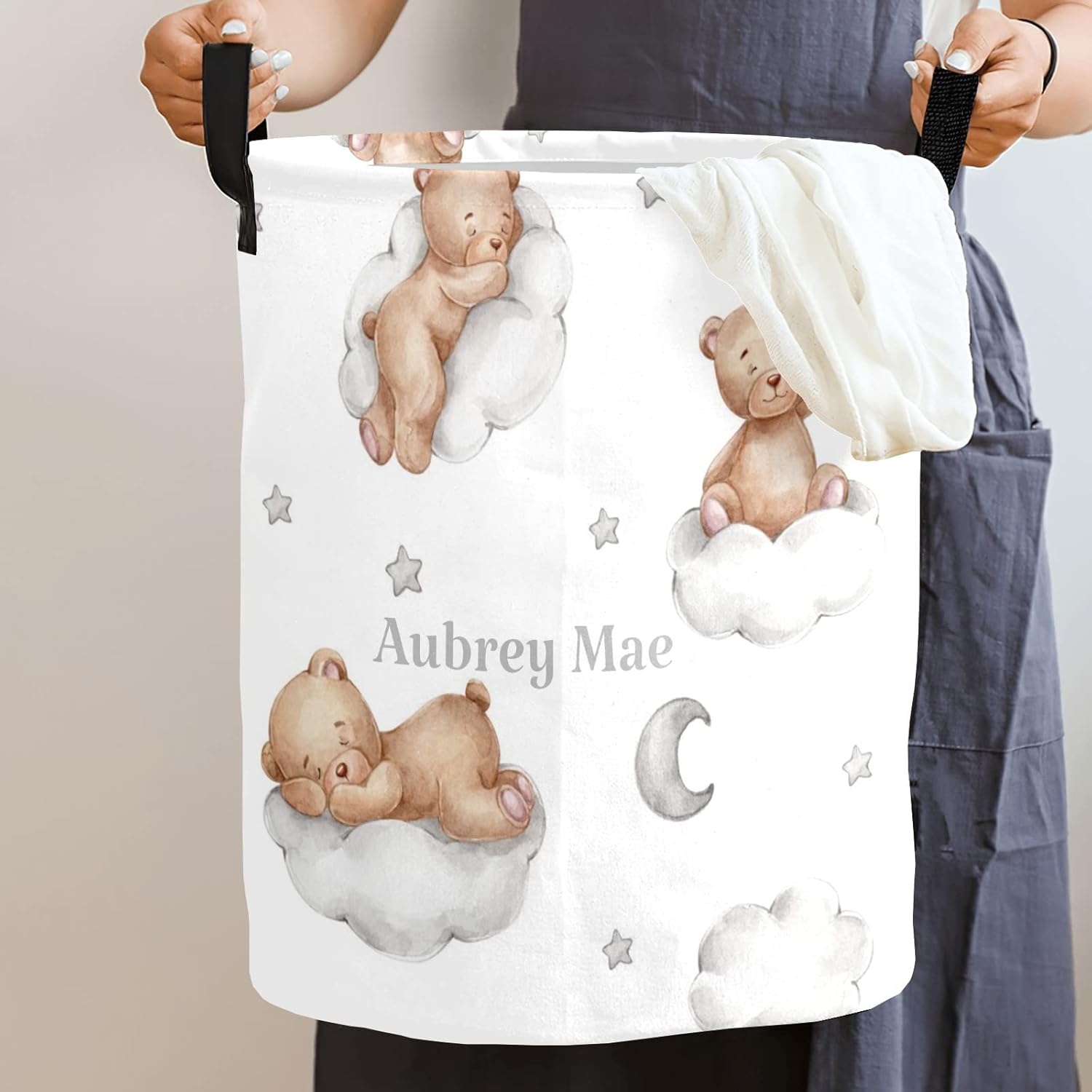 Watercolor Bear Moon Stars Laundry Basket Organizer