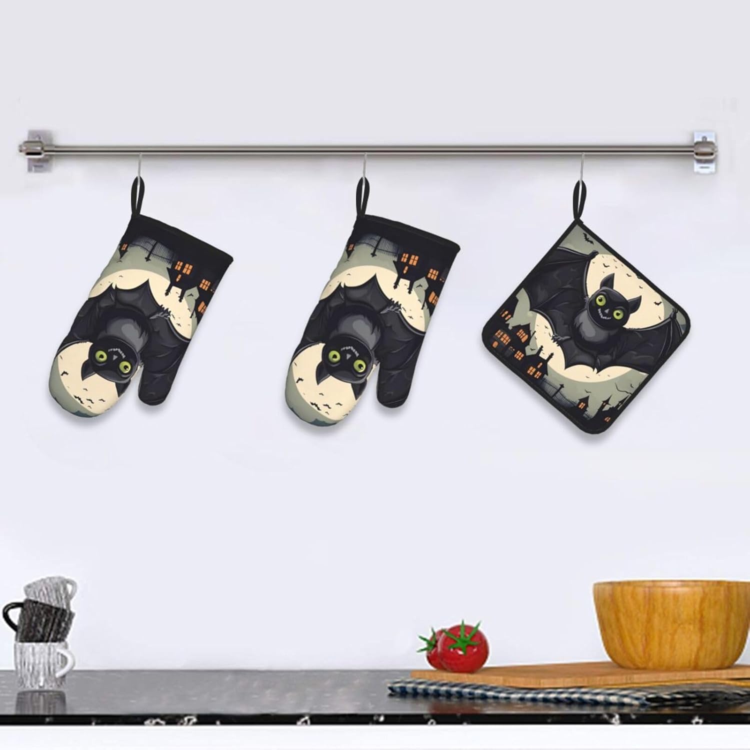 YYHHAOFA Halloween Bat Oven Mitts Set of 3