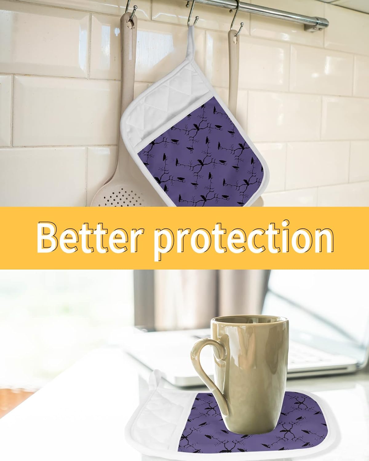 FF Halloween Crows Branch Pot Holder Set Heat-Resistant Kitchen Pots