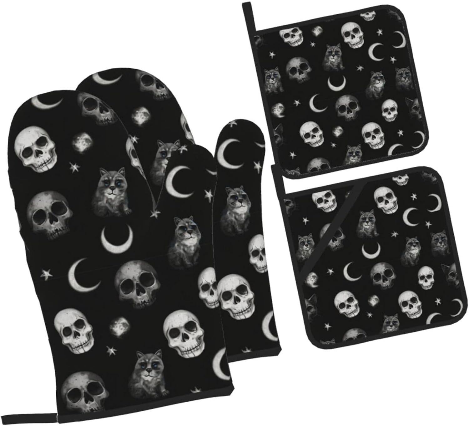 Black Cat Gothic Skull Oven Mitts Set of 4 Heat-Resistant Kitchen Pads