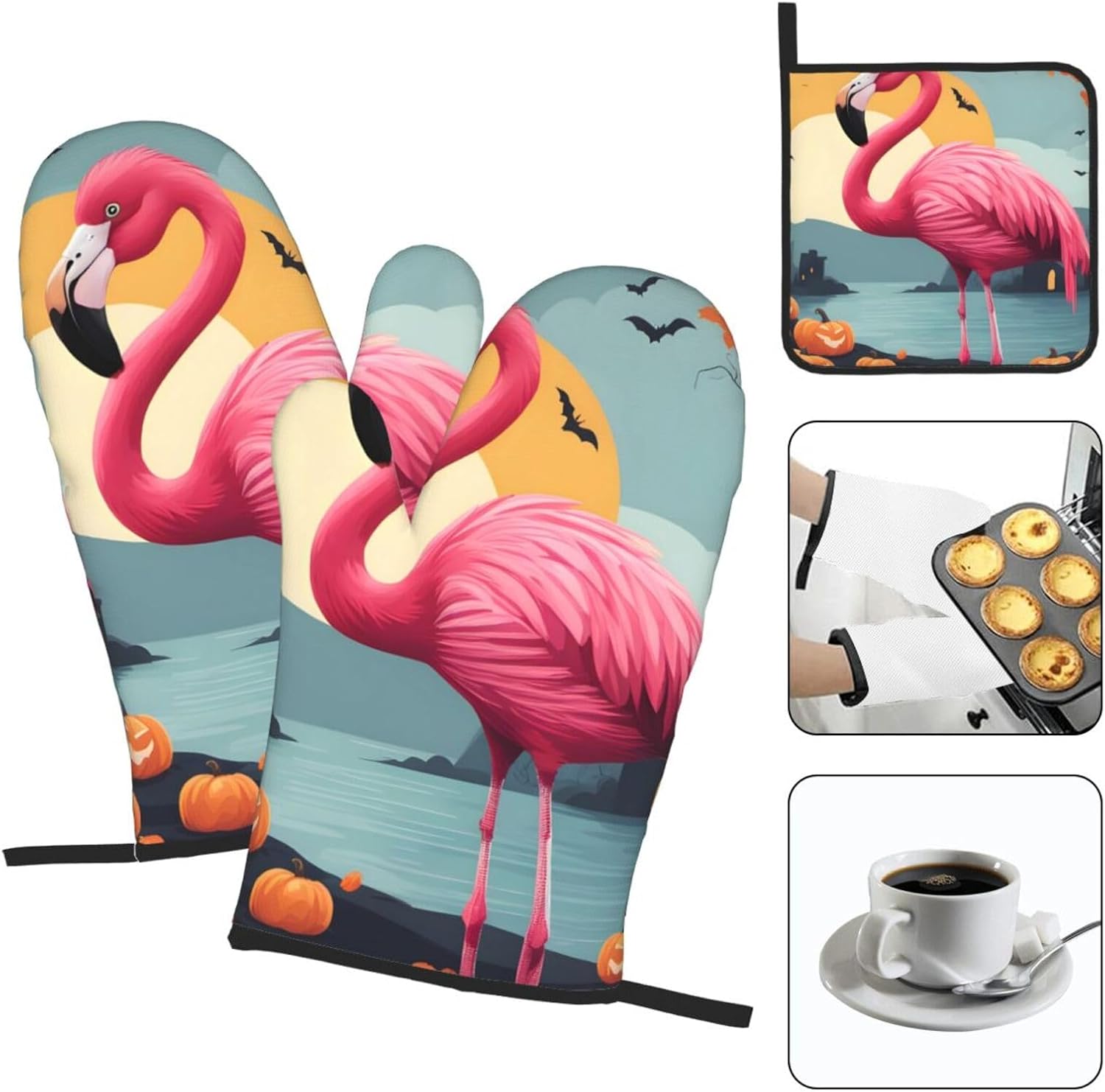 Fairchild Halloween Oven Mitts Pot Holder Set Cartoon Flamingo Durable Waterproof
