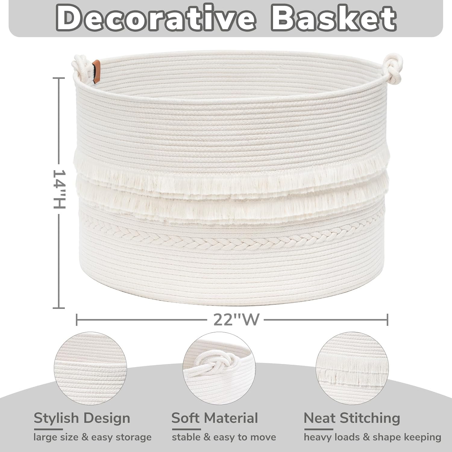 CherryNow Large White Woven Storage Basket - Styleful Functional Space Organizational Solution