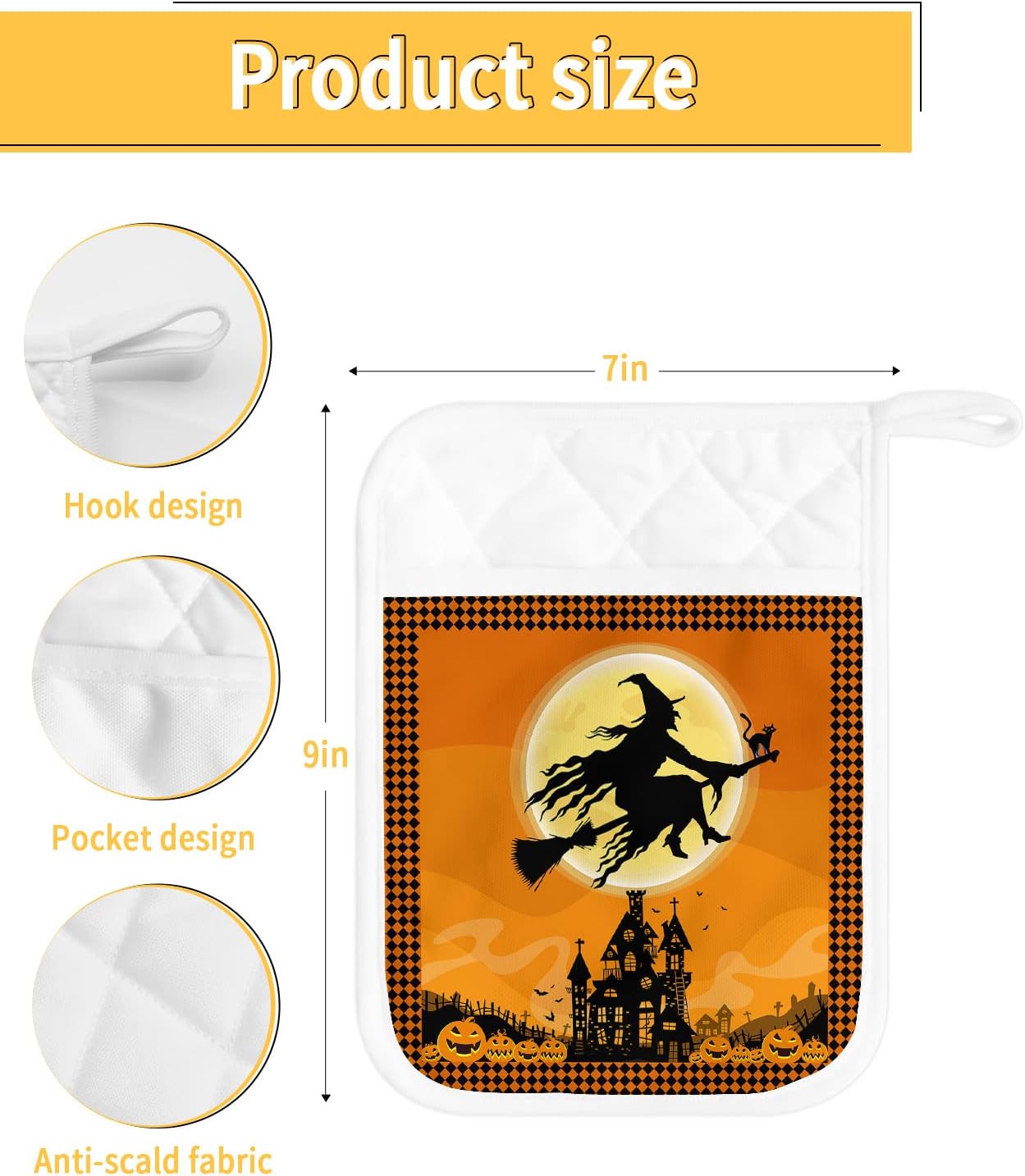 Halloween Flying Witch Pot Holders Set of 5