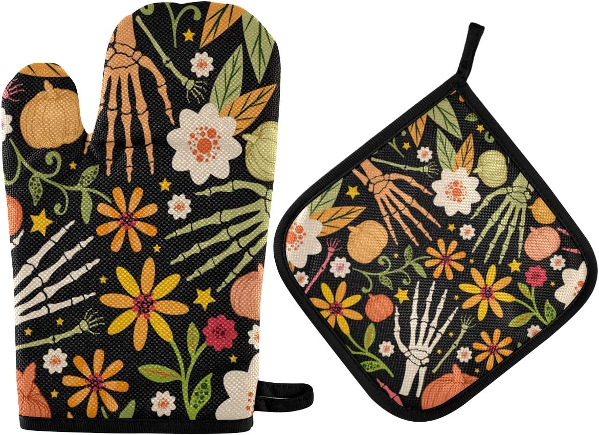 Exnundod Halloween Sugar Skull Oven Mitts Pot Holders