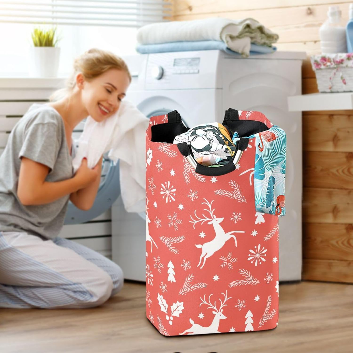 Kigai Christmas Deer Laundry Basket Large Waterproof