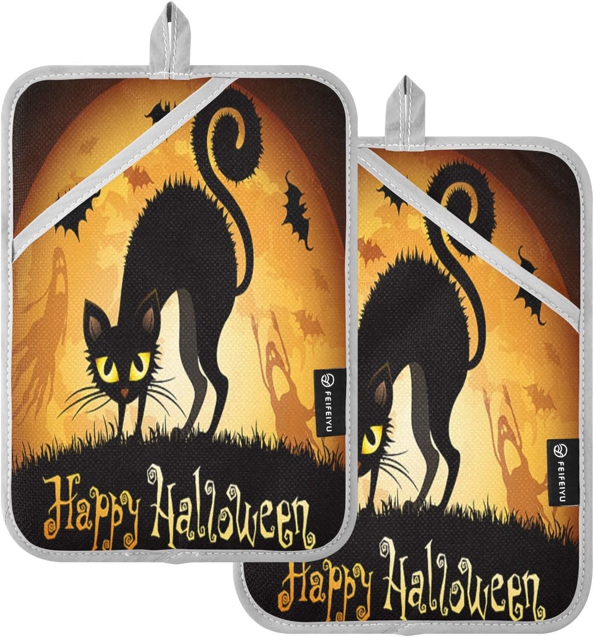 Trick or Treat Halloween instincts with a Black Cat Pot Holder Set