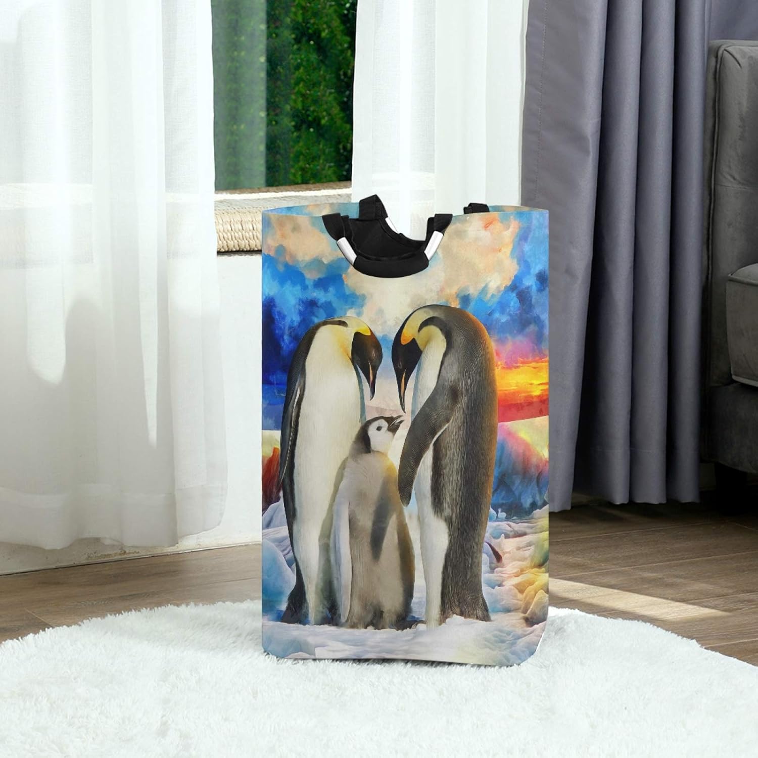 Susiyo Foldable Laundry Basket with Handles and Penguin Pattern