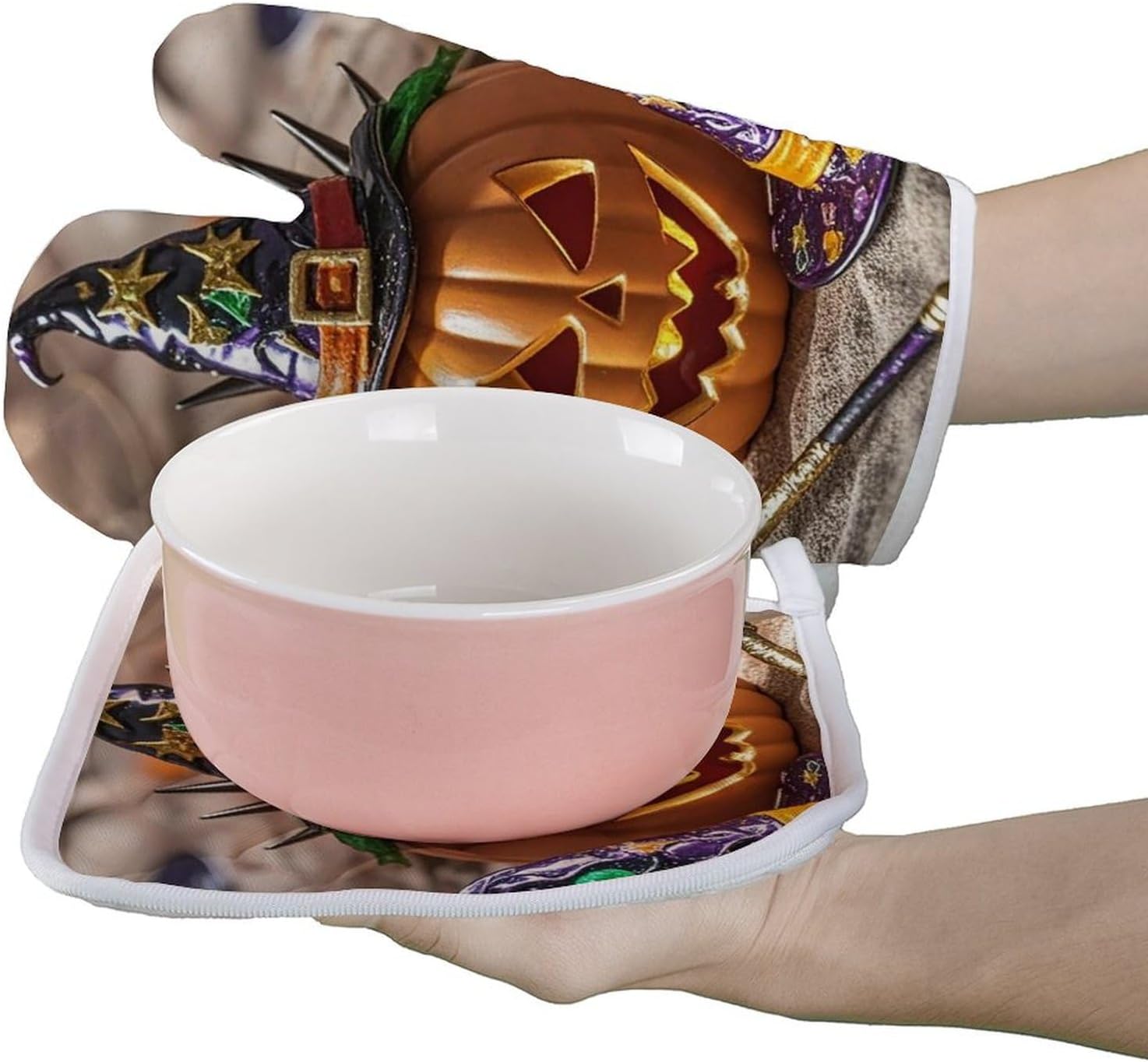 Oven Mitts and Potholders Set - Heat-Resistant Halloween Witch Hat BBQ Cooking Gloves