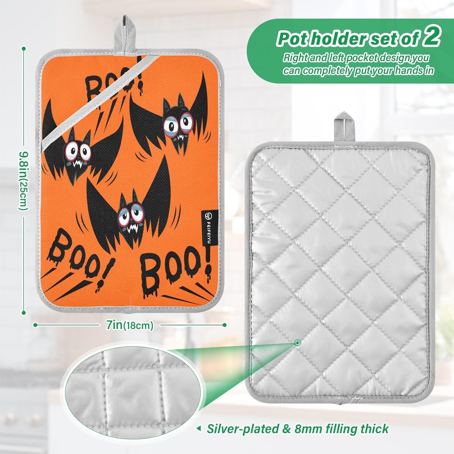 2pc Black Bat Halloween Potholders with Pockets Mitts