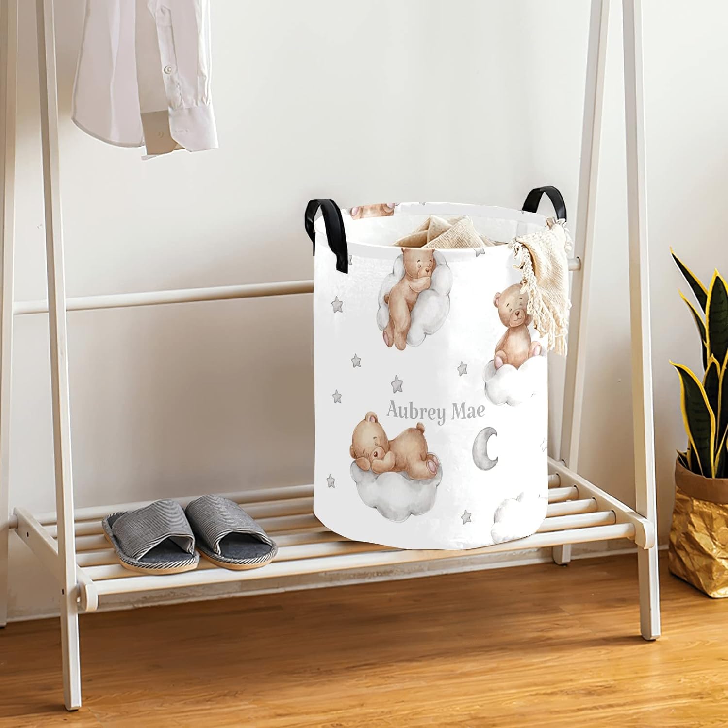 Watercolor Bear Moon Stars Laundry Basket Organizer