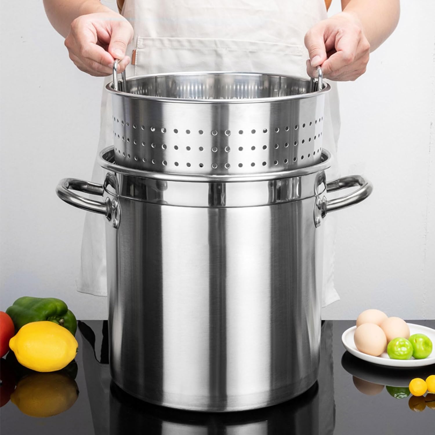 Sturdy Stainless Steel Stockpot with Basket Deep Fry Soup Seafood Made Easy