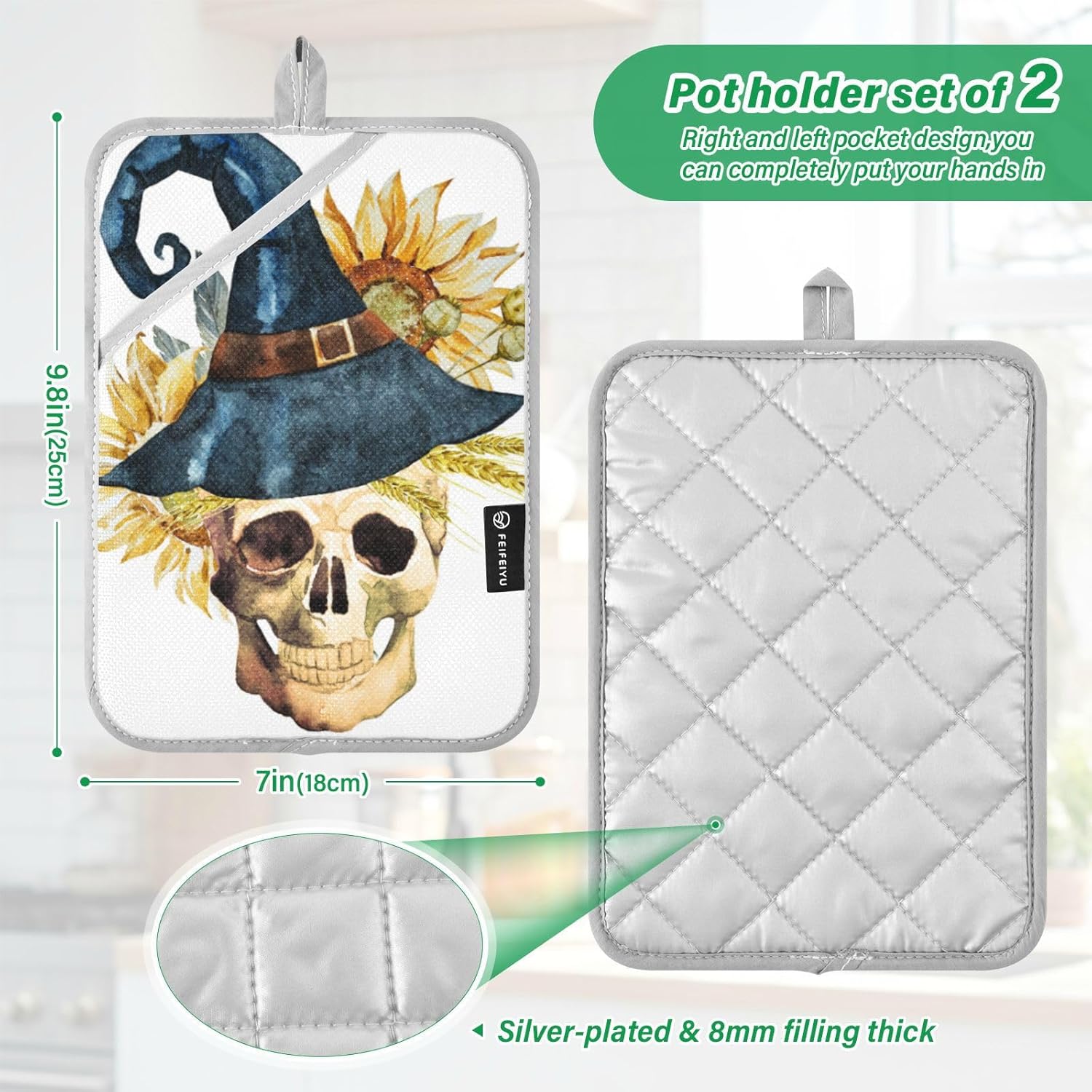 Ourvii 2pc watercolor skull oven mitts