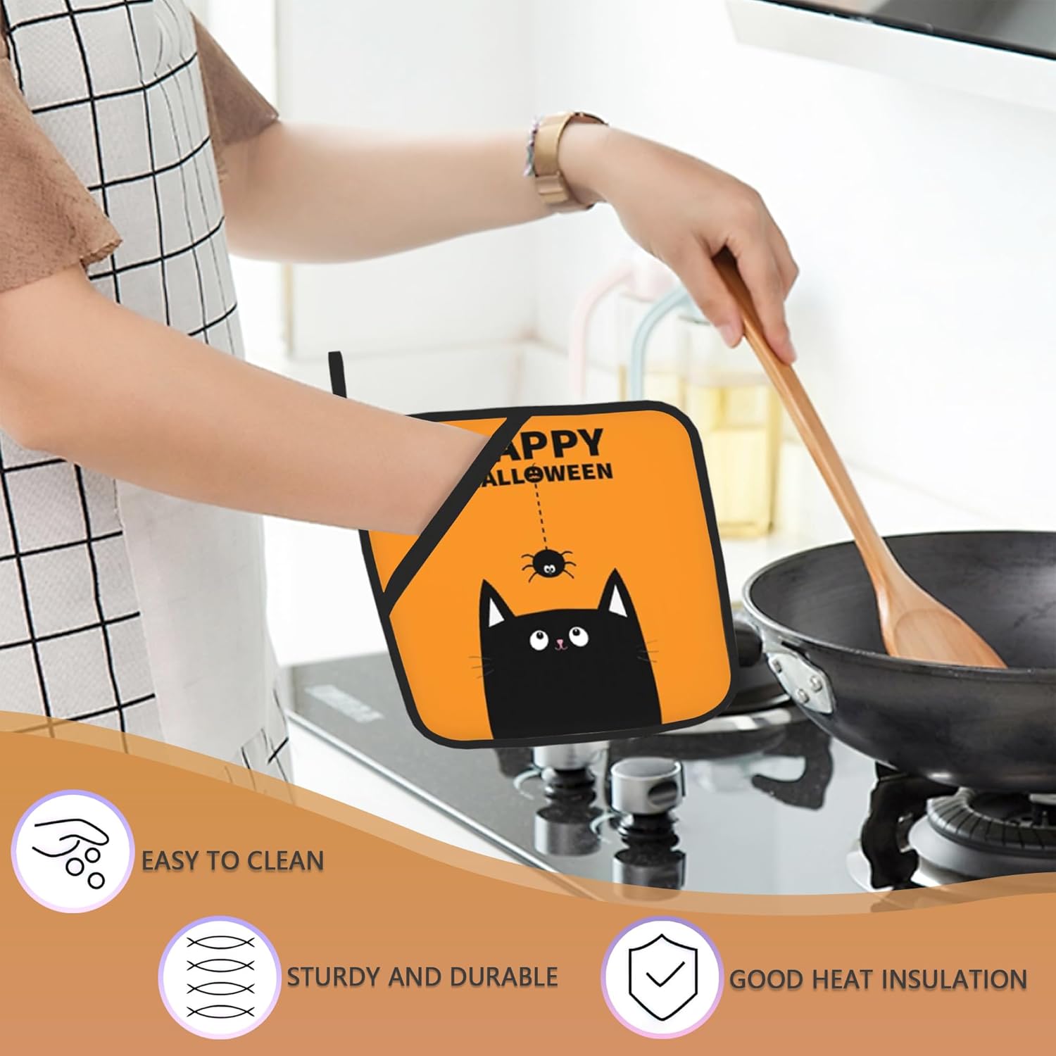 HEAT-RESISTANT Halloween Potholders Set Black Cat Design for Kitchen Use