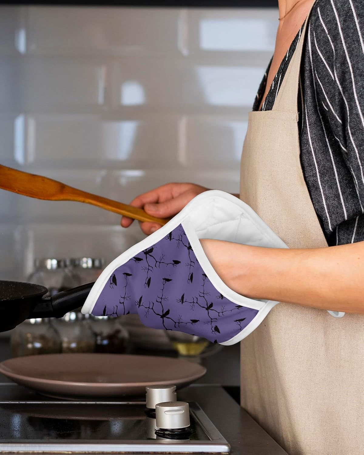FF Halloween Crows Branch Pot Holder Set Heat-Resistant Kitchen Pots