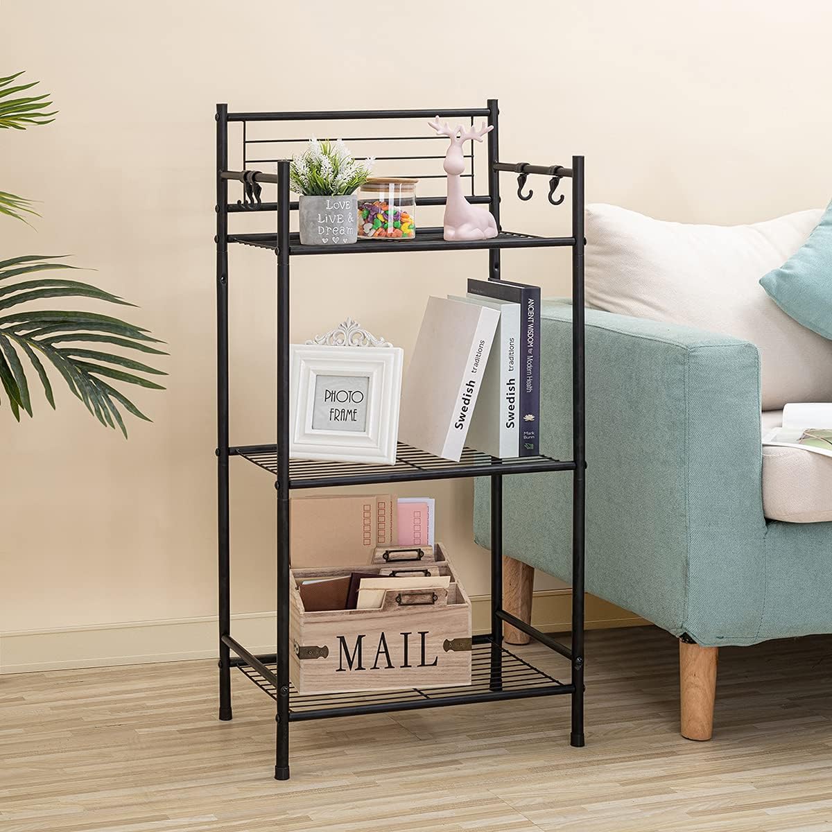 LH UNICO 3-Tier Wire Shelf Unit with 4 Hooks Black
