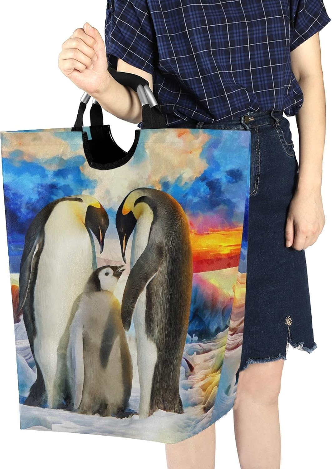 Susiyo Foldable Laundry Basket with Handles and Penguin Pattern