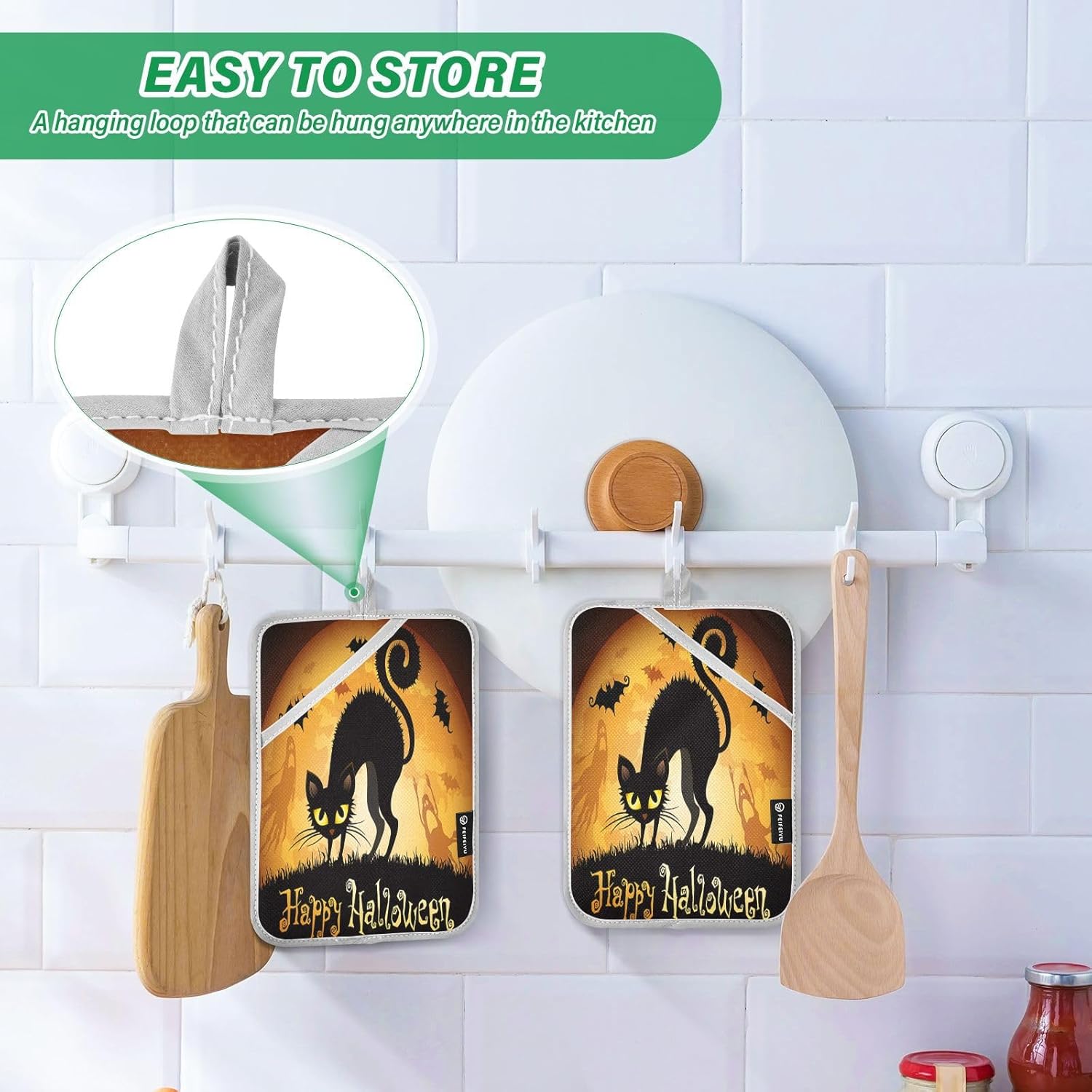 Trick or Treat Halloween instincts with a Black Cat Pot Holder Set