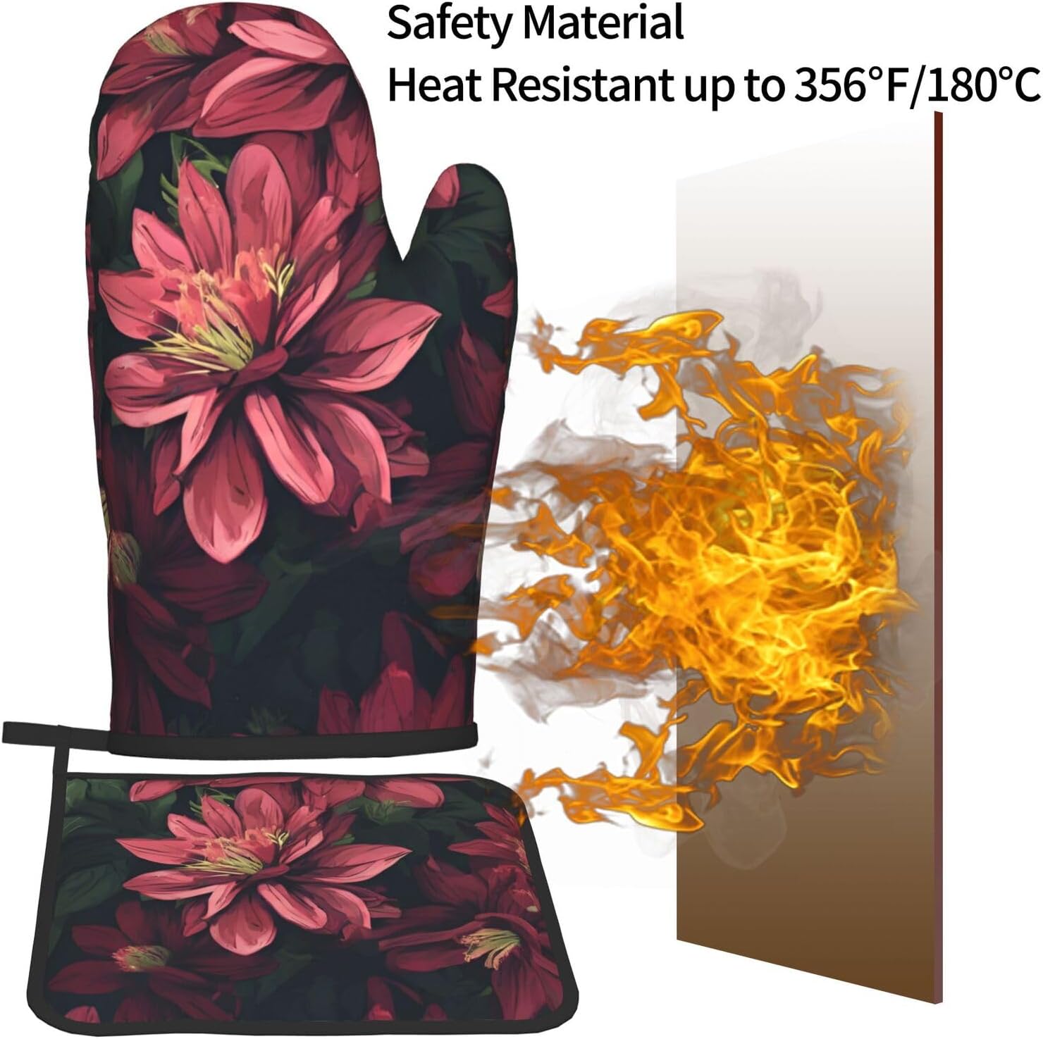 Triangle Flower-Printed Oven Mitts and Pot Holders 2pc Set