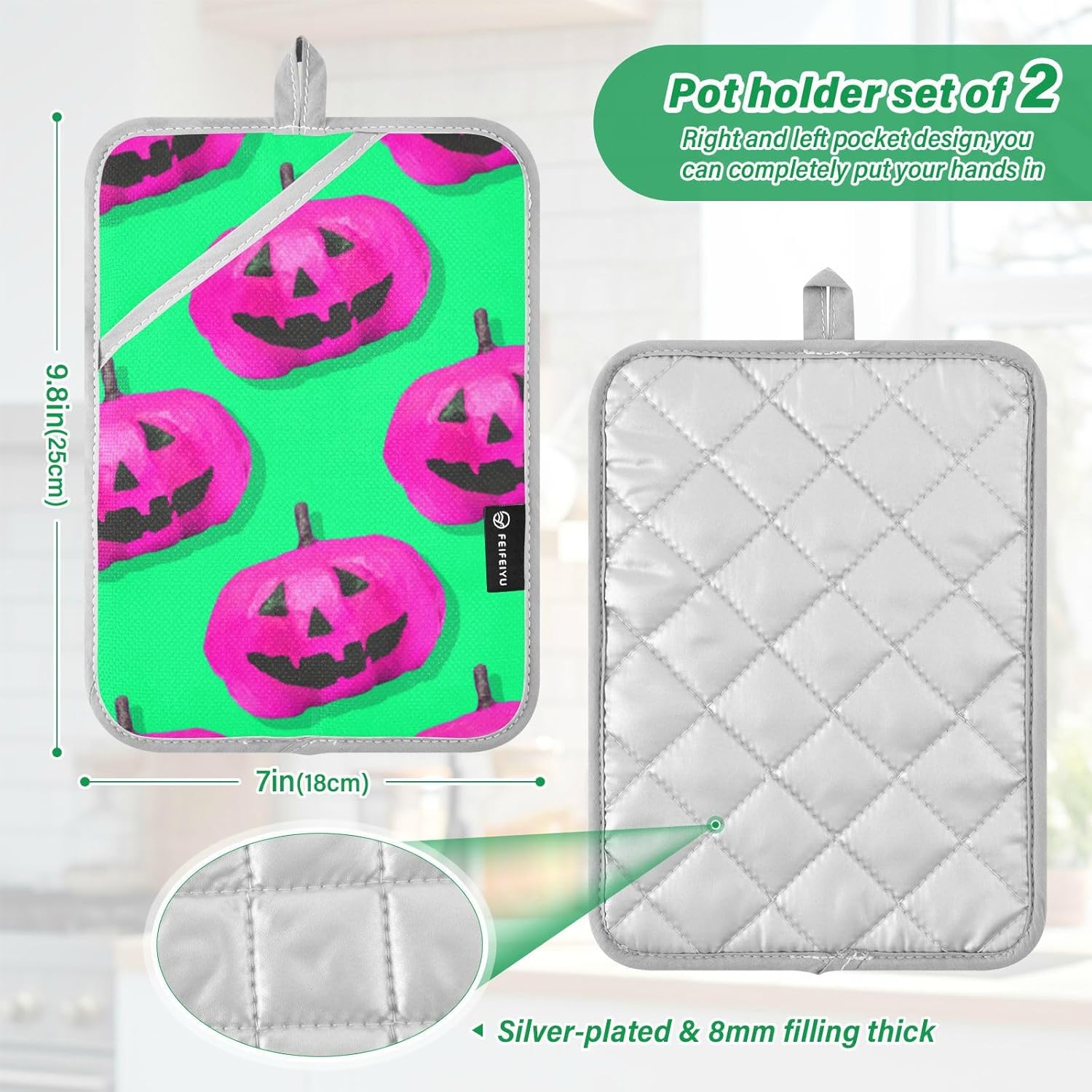 2-Piece Halloween Pink Pumpkins Potholders Set for Kitchen Use