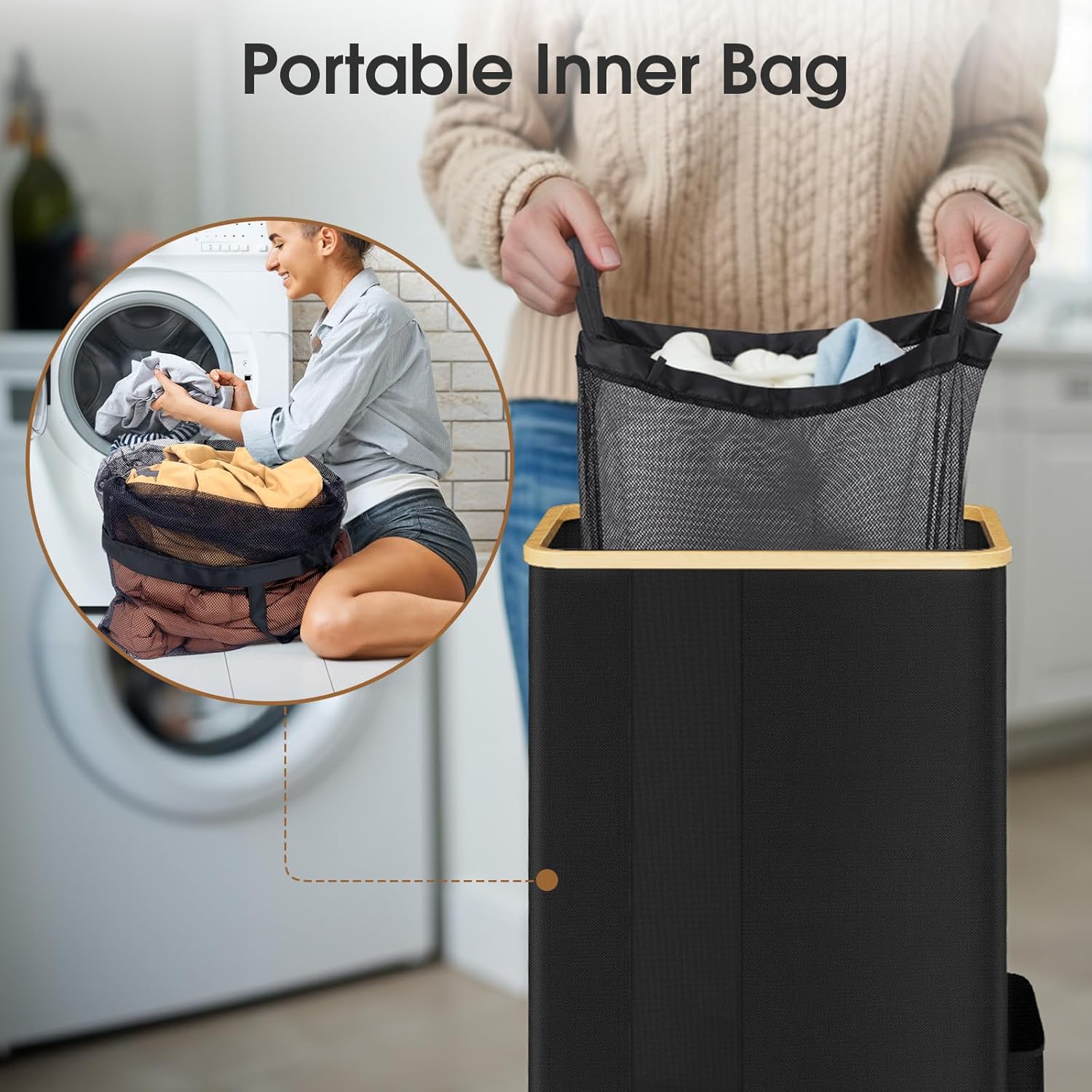 SpaceTrove Large Multi-Use Laundry Hamper with Lid Removable Bag Black